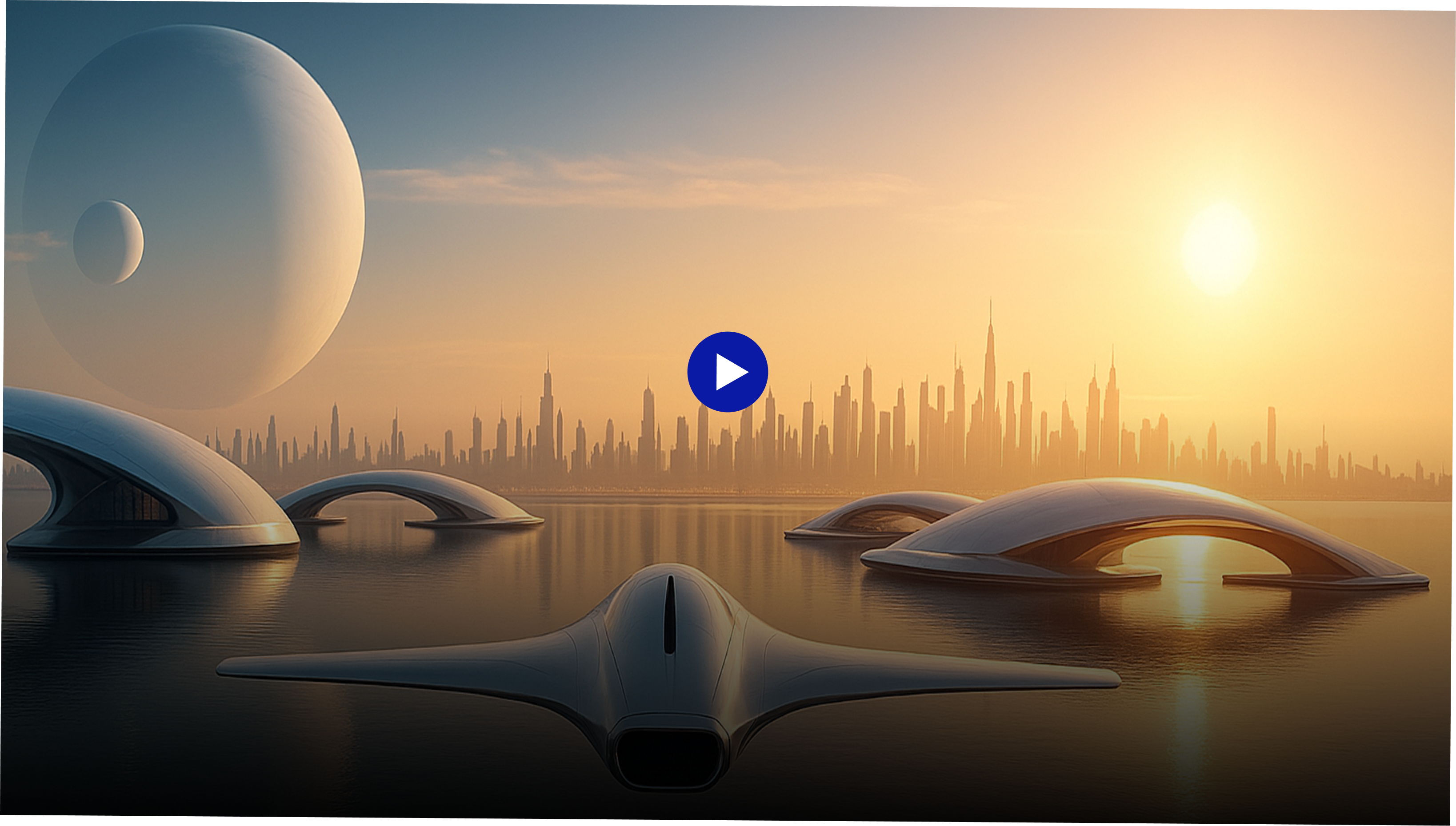 Planet Newturn 이주선 발사 시퀀스. 두 개의 위성이 떠 있는 새로운 행성을 향해 AI와 함께 떠나는 인류 첫 번째 이주선. 물 위에 펼쳐진 이주 거점과 미래적 도시 실루엣, 부드러운 아침 햇살 속 여정을 시작하는 장면.