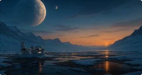 T+12 exploration phase of Earth2 / PLANET NEWTURN terraforming project. Detecting underground moisture reactions and CO₂-based resource conversion possibilities beneath giant moons and frozen plains. Twilight landscape of exploration base evaluating energy self-sufficiency through water system confirmation in thawing areas and basic mineral structure analysis.