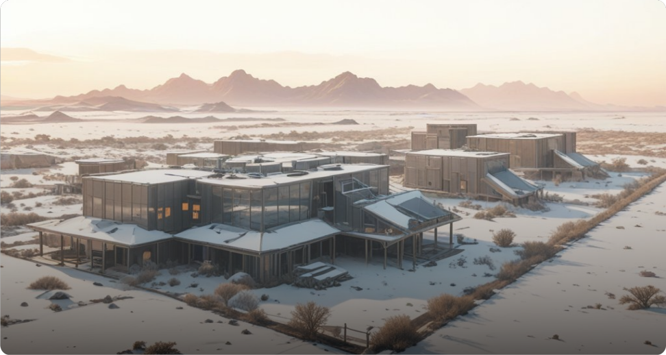 T+31 phase of Earth2 / PLANET NEWTURN terraforming project. Hydrogen fuel-based energy plant installation completed and ecological circular agriculture module test operation initiated. Aerial view of basic infrastructure construction area where internal circulation system stabilization of first settlement is in progress.