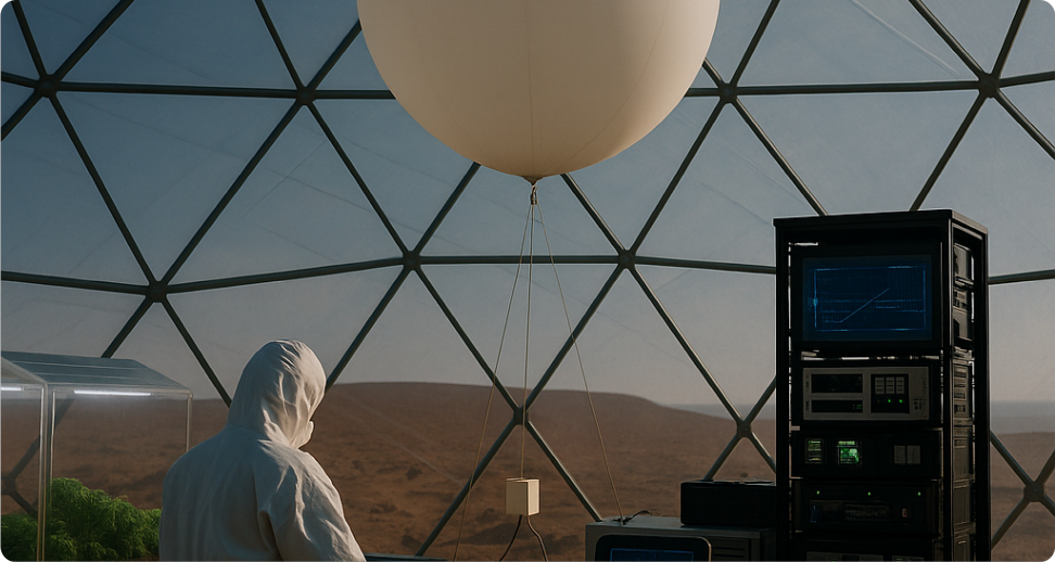 T+47 phase indoor work area of Earth2 / PLANET NEWTURN terraforming project. Monitoring artificial atmosphere adjustment module operation using large-scale equipment for gas component analysis. Entered limited external activity stage after reaching oxygen-nitrogen ratio 0.21:0.78 and securing internal air quality baseline.