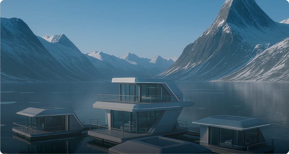 T+72 phase of Earth2 / PLANET NEWTURN terraforming project. Floating platform-based structures constructed on water surface and first water settlement module operation initiated. Water surface residential complex with integrated water purification system and temperature circulation technology.