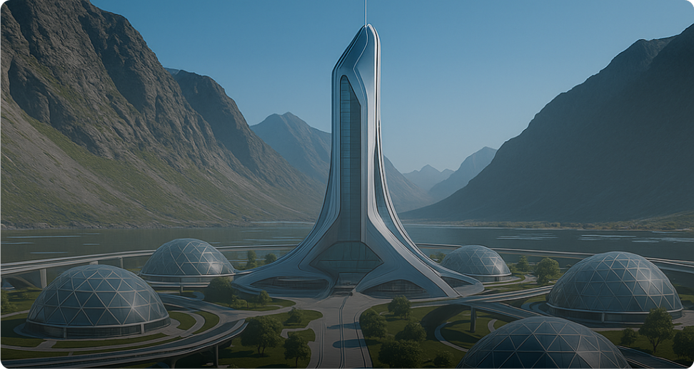 T+103 phase of Earth2 / PLANET NEWTURN terraforming project. Initial residential city landscape after approval and introduction of first-generation urban residential design. New city structure with 6 residential zones composed of hemispherical domes, central hub, public plaza, and wide-area mobility system constructed between mountainous terrain.