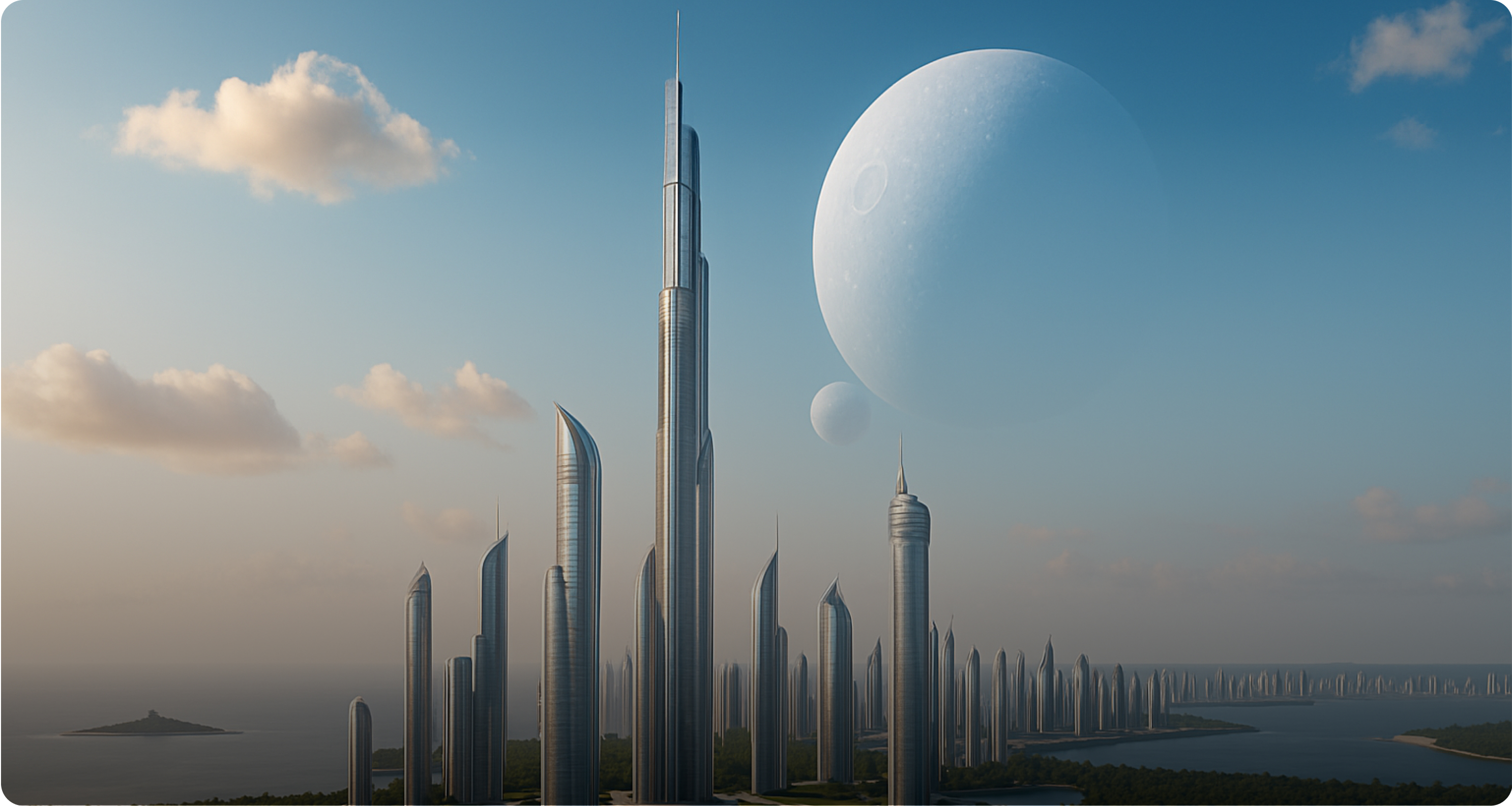 T+140 phase of Earth2 / PLANET NEWTURN terraforming project. First visitor accommodation infrastructure and guidance center opened for official operation. Complex Earth fully operational with external exchanges for tourism, research, and investment purposes. New city landscape with large high-rise building clusters and dome complex facilities completed.