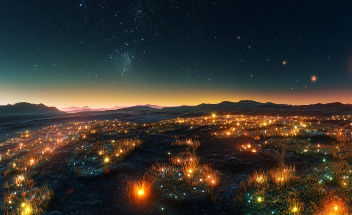 Earth2 / PLANET NEWTURN Lumen Walk program. When night falls, native bioluminescent plants and organisms created through terraforming quietly glow, unfolding a unique nocturnal ecological experience in the dark and quiet planetary night.