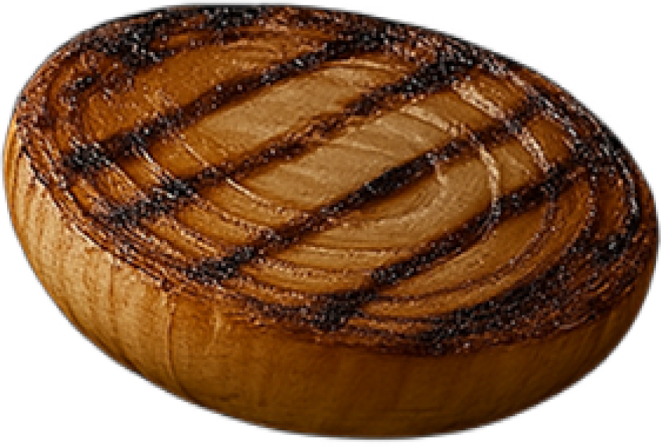 Cross-section of Newturn cultivated onion harvested from surface. Caramelized surface layer revealed through high-temperature grill cooking.
