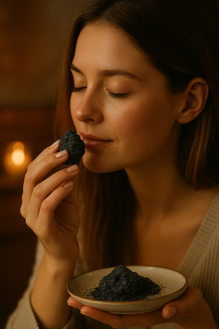 Scene of tasting specialty products developed in Earth2 / PLANET NEWTURN. Participants appreciating new material food ingredients that stimulate human taste buds through aroma. First sensory experience where Earth's life-based flavors and Newturn's mineral-based tastes converge.