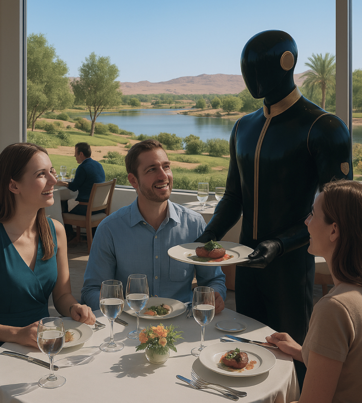 Specialized onion cultivation site of Planet Newturn. Terraforming-based crop groups growing uniformly on red soil and AI-based robot supervisors managing them. Unique crop ecosystem formed in mineral composition soil and independent atmospheric environment.