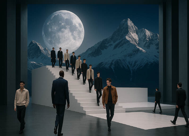 Planet Newturn의 정착지에서 진행되는 신소재 기반 하이엔드 패션 런웨이. 설산과 거대 위성이 배경으로 펼쳐진 이색적 공간에서 미래적 감각의 남성 모델들이 워킹하고 있다.