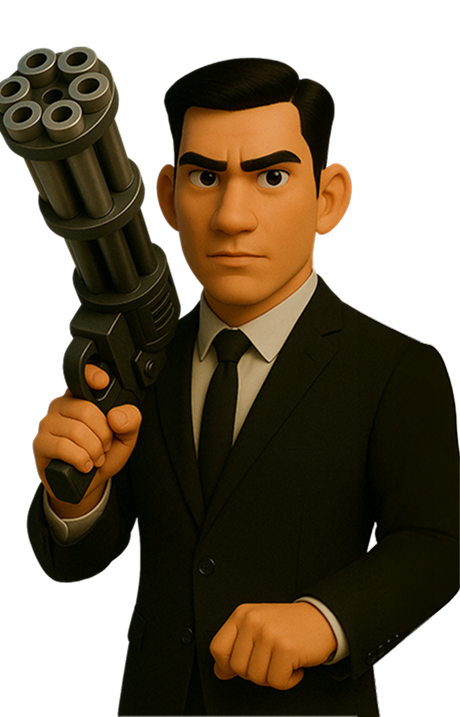 Manager Lee's supervisor holding a gatling gun.