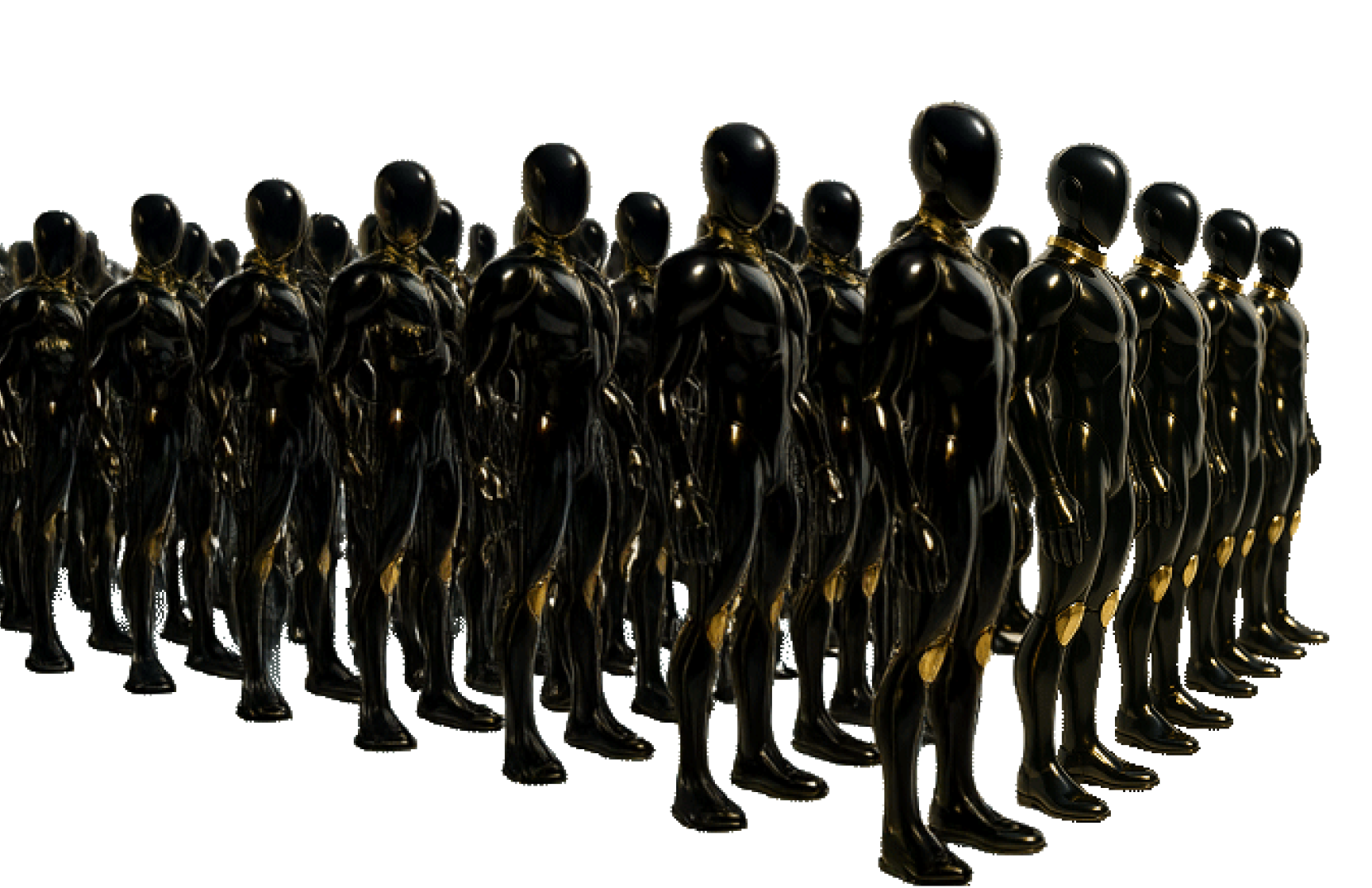 AI androids designed in high-gloss black and gold colors lined up on the left side. Expressionless faces and identical poses creating an organized atmosphere