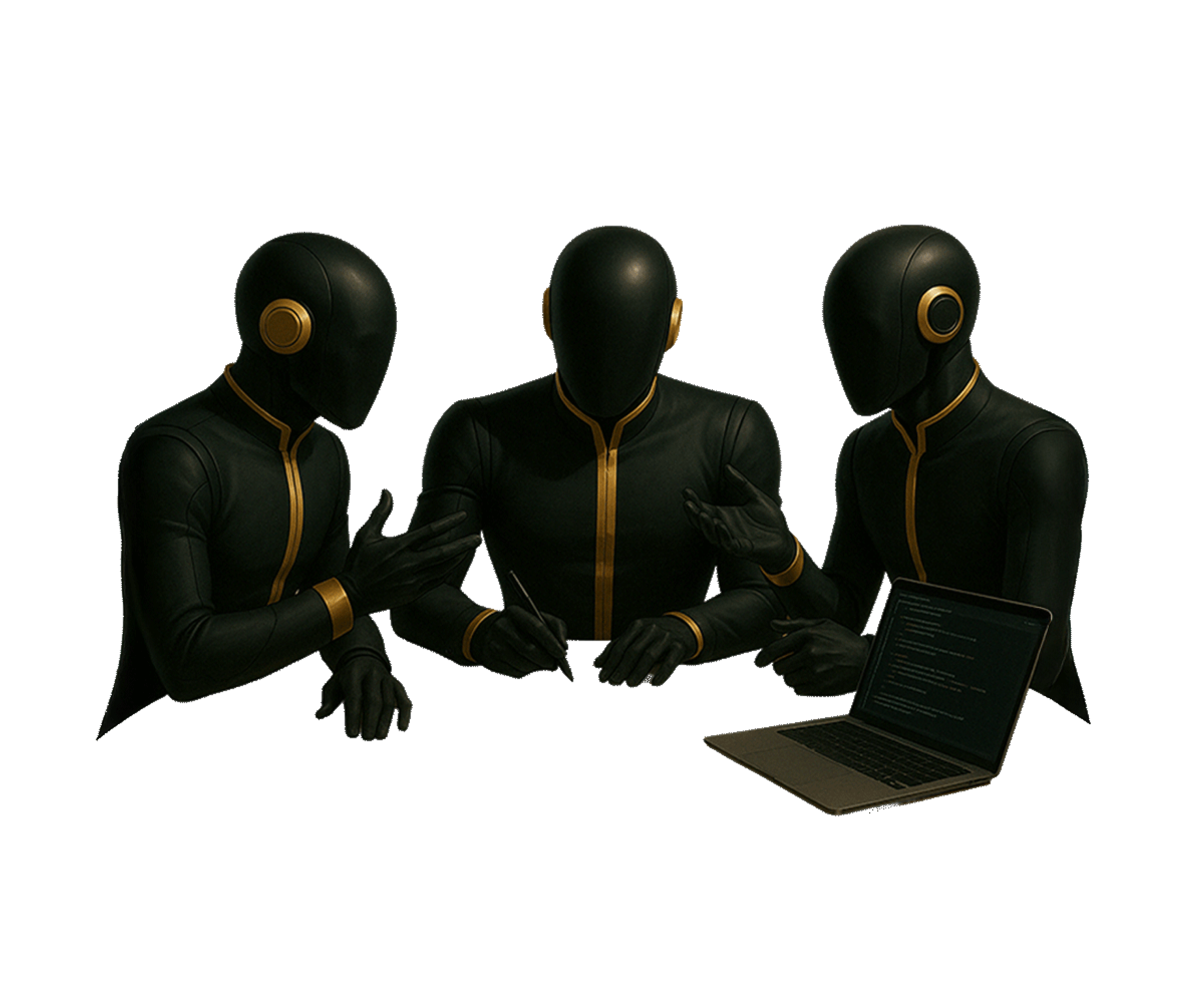 Planet Newturn의 AI 의사결정 시스템. 세 명의 AI 어시스턴트가 협업 알고리즘을 통해 의사결정 시뮬레이션을 수행 중이며, 데이터 분석을 위한 노트북과 함께 토론 중이다.